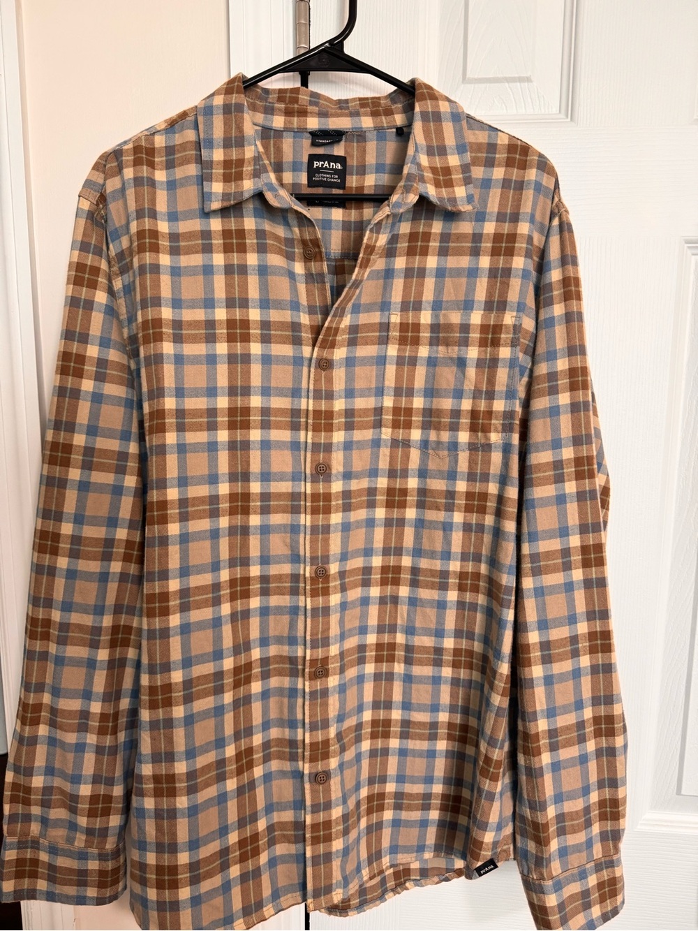 Prana Plaid Button-Down Shirt in Beige, Brown & Light Blue